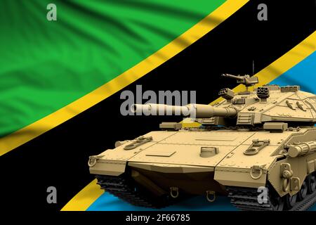 Réservoir lourd avec conception fictive sur fond de drapeau tanzanien - concept moderne des forces armées tank, militaire 3D Illustration Banque D'Images