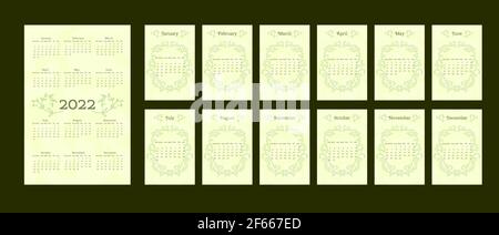 Calendrier 2022 dans un style tendance et naturel délicat, orné de feuilles de branches dessinées à la main. Ensemble de 12 mois séparés. Format vertical. Couleur vert pastel clair. La semaine commence le dimanche. Illustration de Vecteur