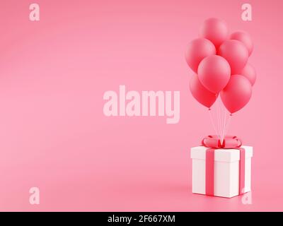 Coffret cadeau avec ballons 3d rendu illustration - présenter le paquet avec un bouquet de ballons volants sur fond rose pastel. Banque D'Images