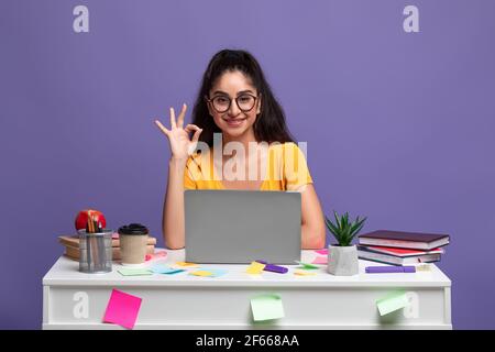 Femme indienne utilisant un ordinateur portable montrant un geste correct Banque D'Images