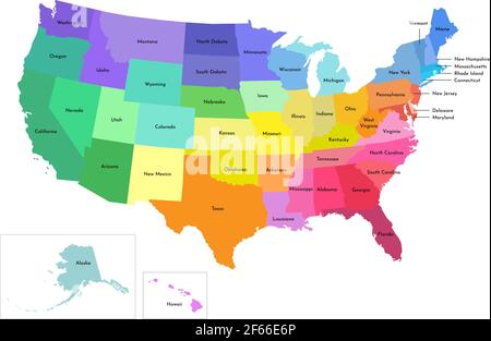 Illustration vectorielle isolée d'une carte administrative simplifiée des États-Unis (États-Unis d'Amérique). Frontières et noms des États. Sihou multicolore Illustration de Vecteur