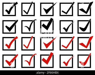 Ensemble de différentes icônes de coche dans les cases isolées sur blanc Banque D'Images