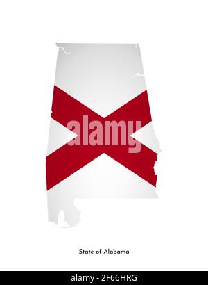 Illustration vectorielle isolée avec drapeau et carte simplifiée de l'Alabama (État des États-Unis). Ombre de volume sur la carte. Arrière-plan blanc Illustration de Vecteur