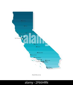 Illustration simplifiée isolée par vecteur avec carte de l'État de Californie (États-Unis) en dégradé bleu. Tags avec de grandes villes. Arrière-plan blanc. Illustration de Vecteur