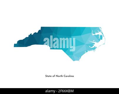 Icône d'illustration vectorielle isolée avec silhouette simplifiée de l'État de Caroline du Nord (États-Unis) sur une carte bleue. Style géométrique polygonal. Arrière-plan blanc. Illustration de Vecteur