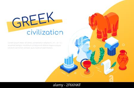 La civilisation grecque - bannière web isométrique moderne et colorée avec espace de copie pour le texte. Culture et art, architecture et histoire de la Grèce antique. Vase, Illustration de Vecteur