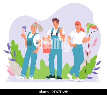 Les peintres professionnels ont des personnages de dessins animés vêtus de vêtements de travail, illustration vectorielle plate isolée sur fond blanc. Thé de peintres ou de décorateurs Illustration de Vecteur