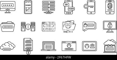 Jeu d'icônes d'authentification multifacteur en ligne, style de contour Illustration de Vecteur