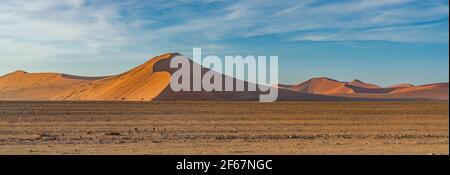 Panorama depuis les dunes du désert de Namib à Sossusvlei le matin, fond bleu ciel avec de beaux nuages, Namib Naukluft Rand, Namibie. Banque D'Images