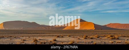 Panorama depuis les dunes du désert de Namib à Sossusvlei le matin, fond bleu ciel avec de beaux nuages, Namib Naukluft Rand, Namibie. Banque D'Images