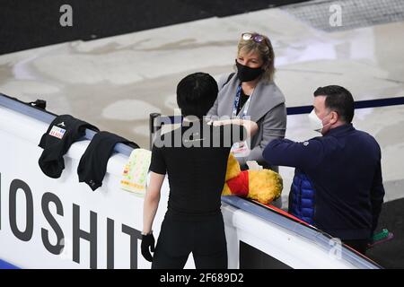 Yuzuru HANYU Japon, pendant la pratique masculine aux Championnats du monde de patinage artistique 2021 de l'UIP au Globe Ericsson, le 27 mars 2021 à Stockholm, Suède. (Photo de Raniero Corbelletti/AFLO) Banque D'Images