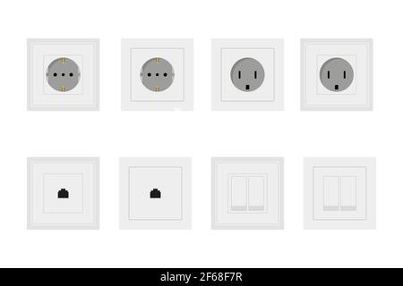 Prise et prise de courant pour les prises électriques et l'électricité jeu d'illustrations de différents types de prises femelles et de commutateurs isolés sur whi Illustration de Vecteur