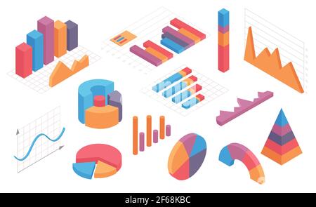 Graphiques infographiques isométriques. Graphique, diagramme circulaire, diagramme circulaire et colonnes avec chronologie. Ensemble de vecteurs d'éléments statistiques et analytiques Illustration de Vecteur