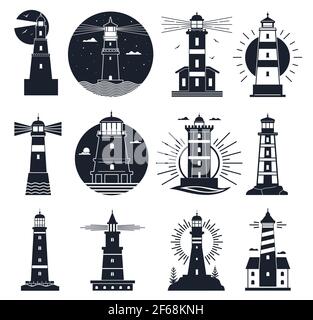 Logo Lightthouses. Étiquette marine vintage, balises marines, océan avec vagues et mouettes. Tour de phare de nuit, ensemble de vecteur de bâtiment de navigation Illustration de Vecteur