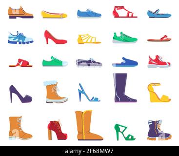 Chaussures plates. Chaussures de mode pour femmes et hommes. Baskets, sandales, ballets et chaussures à talons aiguilles. Ensemble de bottines à motif dessin animé tendance Illustration de Vecteur