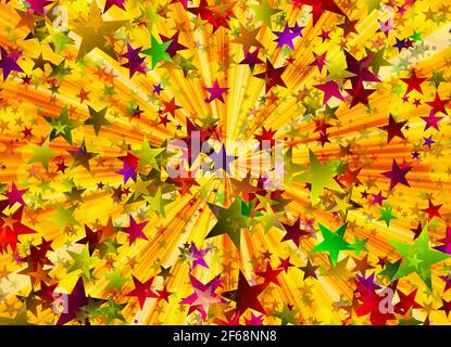 rayons du soleil et de nombreuses étoiles. Arrière-plan peint des fêtes Banque D'Images