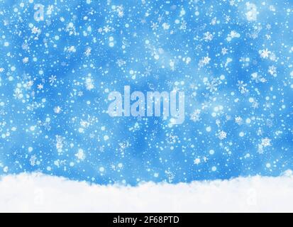 chute de neige blanche sur fond bleu ciel Banque D'Images