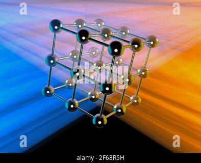 structure moléculaire du cube métallique en rayons de lumière orange et bleu. rendu 3d Banque D'Images