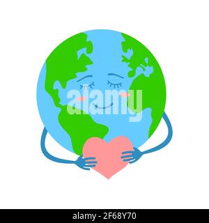 Adorable personnage Earth Planet tenant un cœur isolé sur fond blanc. Concept de la Journée de la Terre ou de la Journée mondiale de l'environnement. Illustration vectorielle plate. Illustration de Vecteur