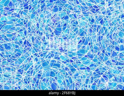 de nombreuses lignes enchevêtrées sur fond bleu de fraîcheur. Motif artistique abstrait Banque D'Images