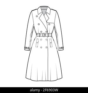 Trench manteau complet illustration technique de la mode avec ceinture, manches longues, col large napoléon, longueur genou, rabat anti-tempête. Modèle de veste plate sur le devant, style blanc. Femmes, hommes, unisex top CAD maquette Illustration de Vecteur