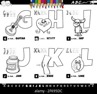 Dessin animé noir et blanc représentant des lettres majuscules de l'alphabet kit éducatif pour la pratique de la lecture et de l'écriture pour les enfants de Couleur G à L Illustration de Vecteur