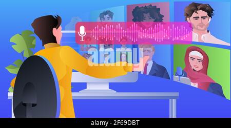 homme communiquant avec des amis par messagerie vocale application de chat audio communication sur les médias sociaux Illustration de Vecteur