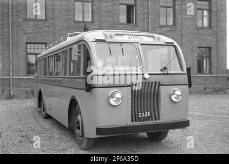 Photo de livraison du bus Scania fait pour le trafic omnibus de Junis Olsson, Vislanda. Le corps fabriqué par la société anonyme des ateliers ferroviaires suédois, ASJ. Banque D'Images