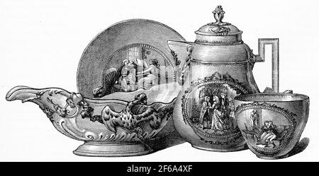 Gravure d'un service de dîner en porcelaine de Dresde, illustré par les "corneilles de werther", exposé au musée de South Kensington, en Angleterre Banque D'Images