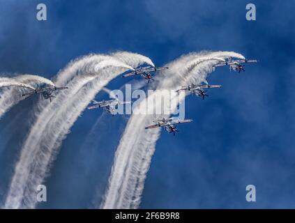 Canberra, Australie, 31 mars 2021. Les Roulettes sont l'équipe d'exposition acrobatique de la Royal Australian Air Force. Ils se sont produit à Canberra dans le cadre des célébrations du centenaire de la Force aérienne 100. Darren Weinert/Alamy Live News. Banque D'Images