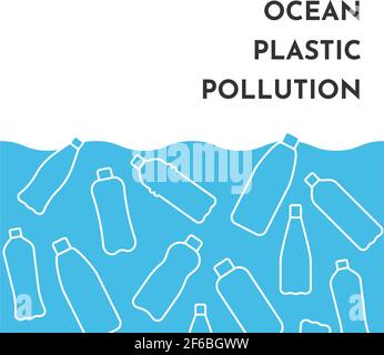 Illustration vectorielle avec des icônes de contour blanc isolées de bouteilles en plastique dans l'océan mondial. Pollution plastique. Arrière-plan bleu. Illustration de Vecteur