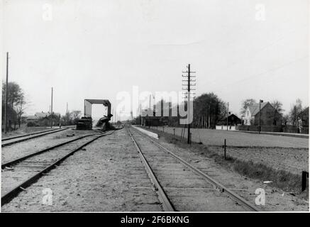 Station Saxtorp. Pont de cargaison pour le transbordement de betteraves à un wagon de chemin de fer. Banque D'Images