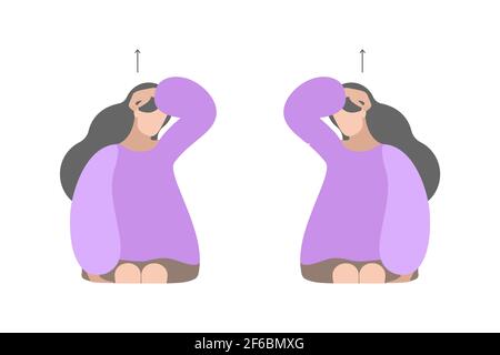 Illustration vectorielle isolée avec fille. Exercices de cou. Placez votre doigt derrière l'oreille et tirez la tête vers le haut. Concept créatif. Couleurs violettes. Illustration de Vecteur