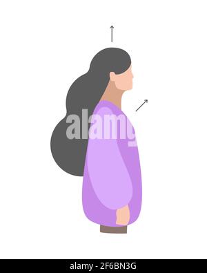 Illustration vectorielle isolée. Exercices par fille qui travaille avec le dos. Posture droite correcte. Concept créatif. Couleurs violettes. Arrière-plan blanc. Illustration de Vecteur