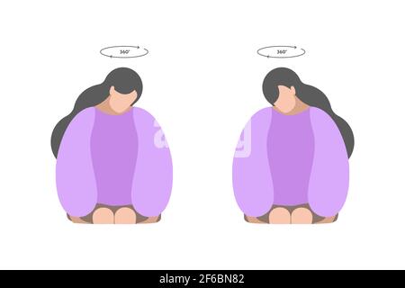 Illustration plane isolée vectorielle. Exercices de cou par fille avec rotation de la tête dans différentes directions. Concept créatif. Couleurs violettes. Illustration de Vecteur