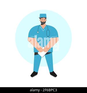 Vecteur concept de dessin animé isolé avec dossier de la carte de conservation du médecin pour les notes. L'infirmière souriante (homme) est vêtue d'un uniforme médical bleu Illustration de Vecteur