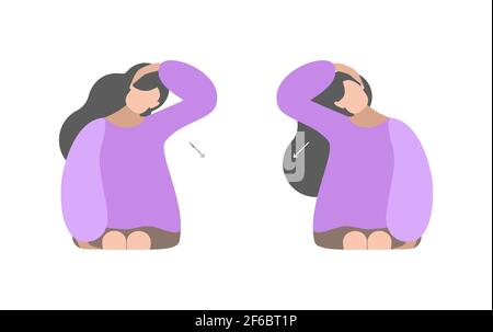 Vecteur isolé illustration colorée par fille. Exercices de cou avec tête inclinable à l'épaule. Concept créatif. Couleurs violettes. Arrière-plan blanc. Illustration de Vecteur