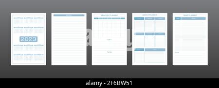 Calendrier 2023 quotidien hebdomadaire mensuel personnel agenda modèle dans le style urbain minimaliste stricte gris bleu couleur. Horaire individuel semaine commence le dimanche Illustration de Vecteur