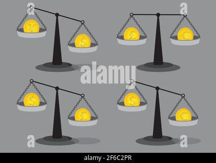 Ensemble de quatre illustrations vectorielles de pièces d'or sur l'ancien balances de pesée à faisceau d'équilibrage de mode isolées sur fond gris pour taux de change con Illustration de Vecteur