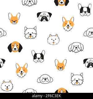 Motif sans couture avec têtes de chiens de différentes races. Corgi, Pug, Chihuahua, Terrier, Poodle et shih tzu. Illustration de Vecteur