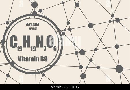 Formule chimique de vitamine B9 ou d'acide folique. Lignes connectées avec arrière-plan points. Illustration de Vecteur