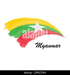 Drapeau de peinture aquarelle du Myanmar. Illustration du tracé de la forme du dessin à la main Illustration de Vecteur
