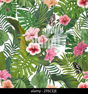 Motif tropical sans couture avec fleurs et feuilles d'hibiscus. Arrière-plan coloré des feuilles de colocasie, de filodendron, de monstère. Banque D'Images