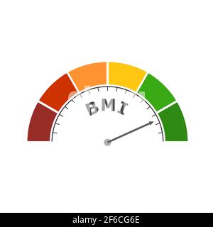 Résultat du niveau de lecture de l'index de masse corporelle. Échelle de couleurs avec flèche allant du rouge au vert. L'icône de l'appareil de mesure. Elément graphique coloré. Illustration de Vecteur