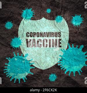 Image relative du système de protection immunitaire. Résumé virus attaque sur le shied avec le texte de vaccin de coronavirus. Thème de la vaccination. Modèle de virus volant dans le spac Banque D'Images