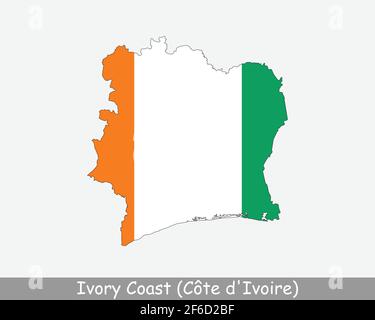 Drapeau carte Côte d'Ivoire. Carte de la République de Côte d'Ivoire avec le drapeau national ivoirien isolé sur fond blanc. Illustration vectorielle. Illustration de Vecteur