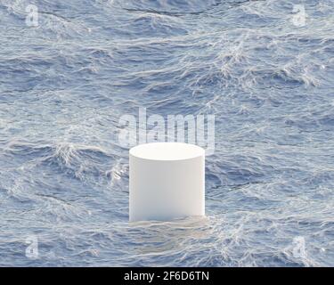 Podium de cylindre ou piédestal pour les produits ou la publicité dans l'océan avec des vagues. Rendu 3D. Banque D'Images