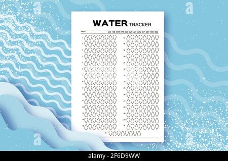 Système de suivi de l'eau. Calendrier de la balance de l'eau. Outil de suivi mensuel Water. 31 jours. Défi d'hydratation. Arrière-plan bleu. Vecteur Illustration de Vecteur