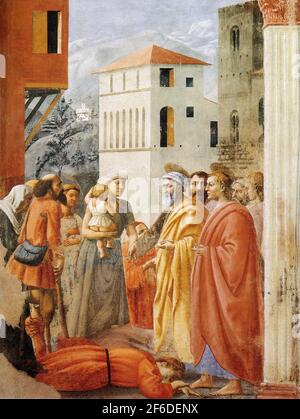 Masaccio - Distribution des aumônes mort Ananias 1425 Banque D'Images