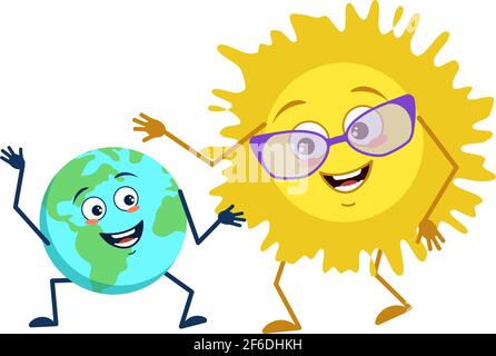 Grand-mère Happyl soleil en lunettes et petit-fils dansant planète terre avec des visages, des bras et des jambes Illustration de Vecteur